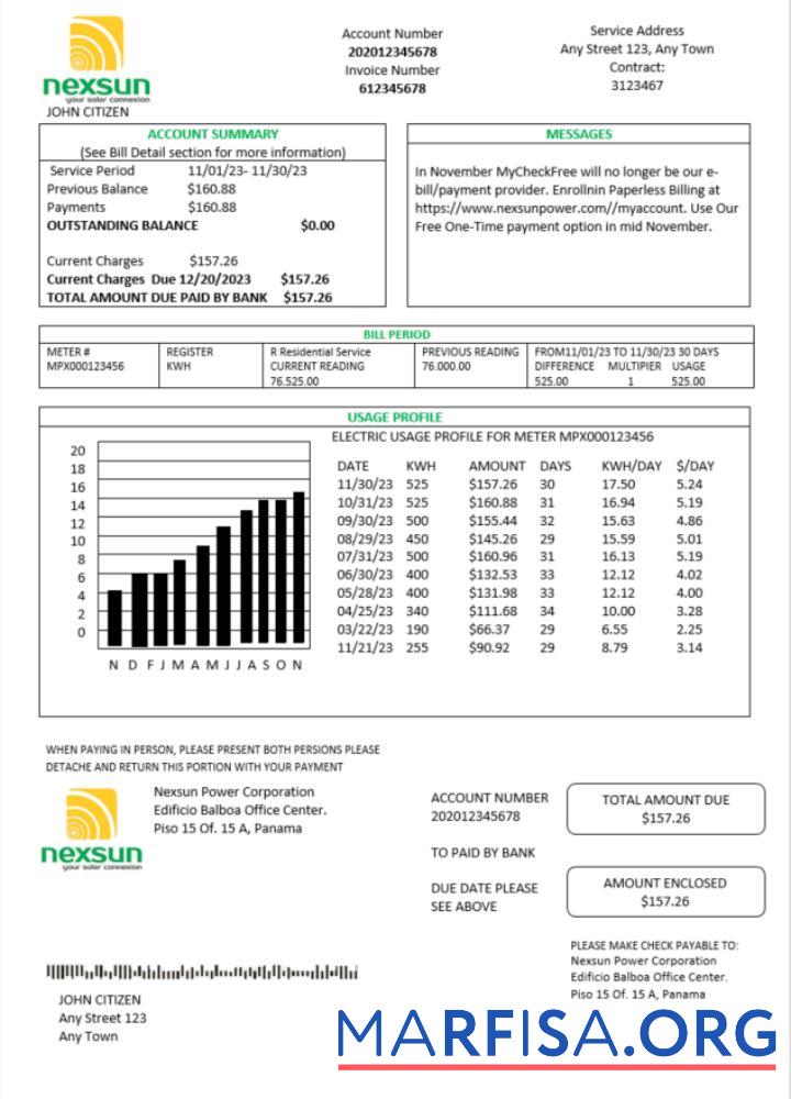 Printable Panama Nexsun Power Corporation electricity utility bill word example
